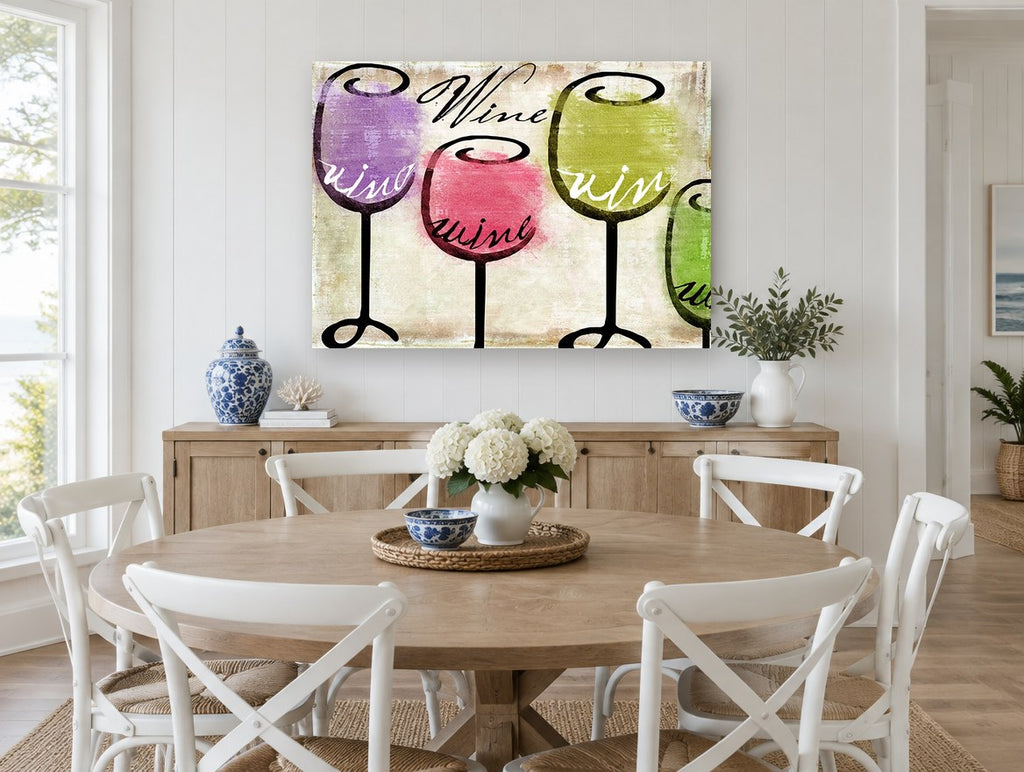 Four Glasses Tasting kitchen canvas print on the wall of a Hamptons dining room
