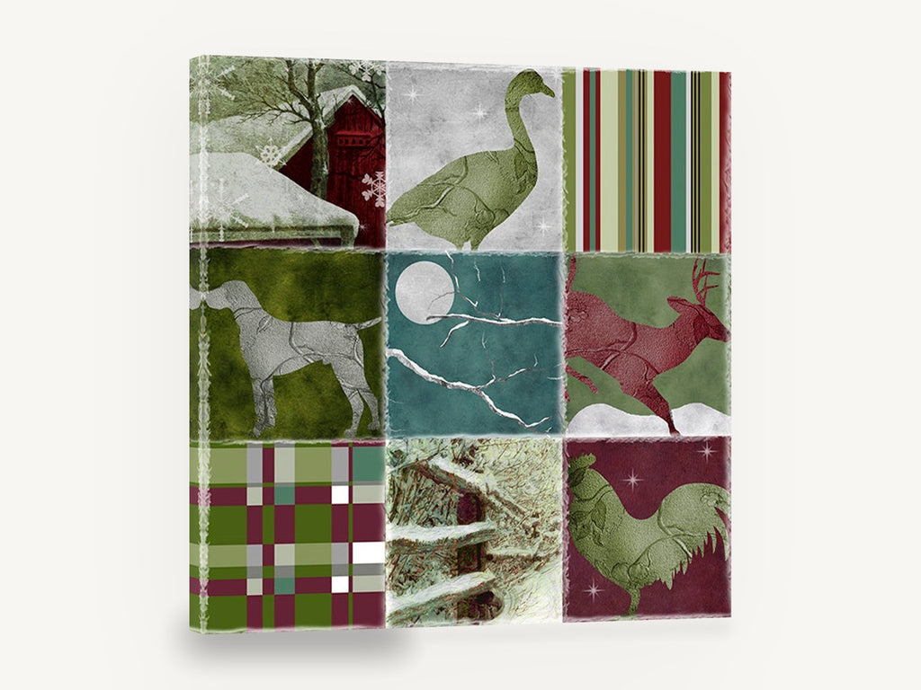 Winter Farm Patchwork, winter farmyard animal patchwork, landscape canvas wall art print ready to hang