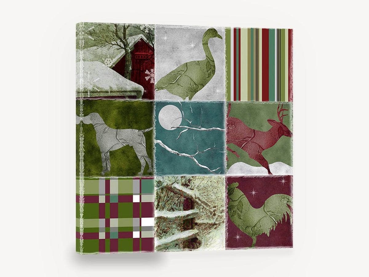 Winter Farm Patchwork, winter farmyard animal patchwork, landscape canvas wall art print ready to hang