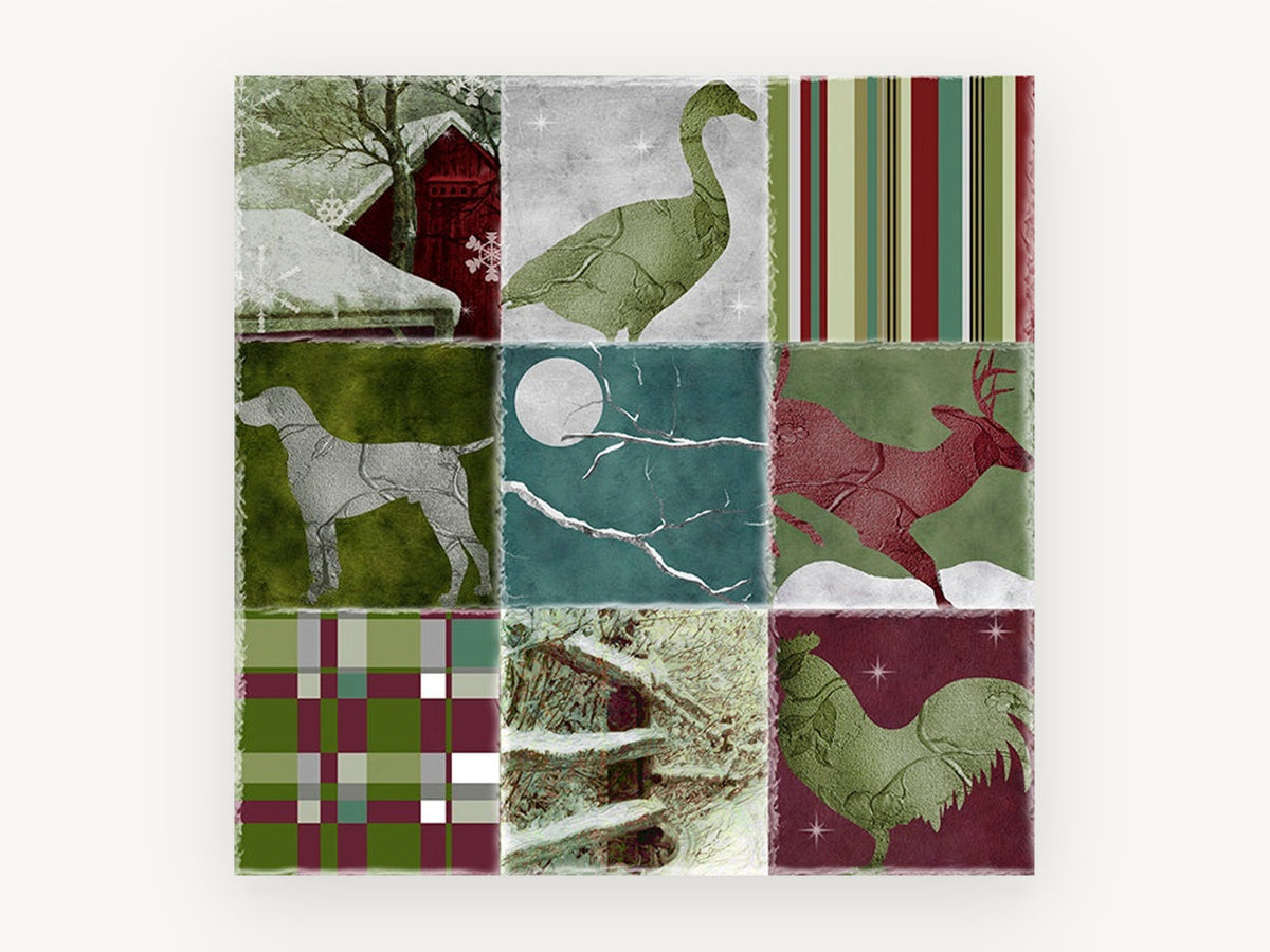 Winter Farm Patchwork, winter farmyard animal patchwork, landscape canvas wall art print, front view
