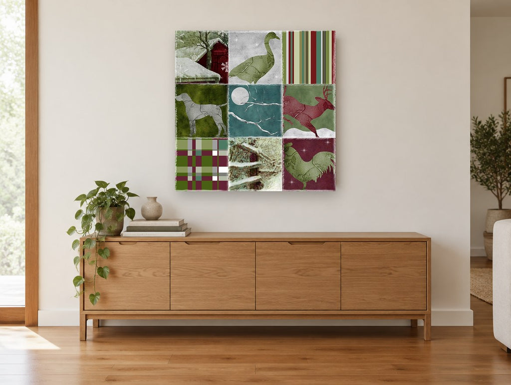 Winter Farm Patchwork landscape canvas print on the wall of a living room above a sideboard