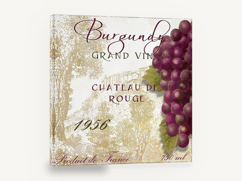 Burgundy Grand Vin, burgundy wine label grapes kitchen, kitchen canvas wall art print ready to hang