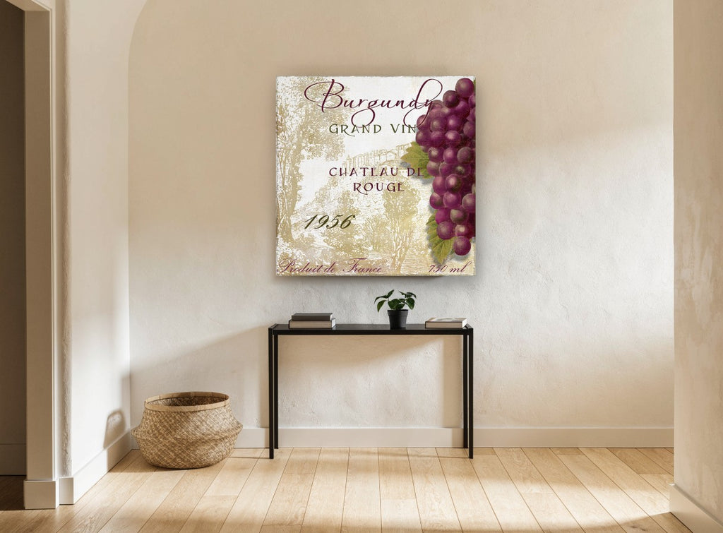 Burgundy Grand Vin kitchen canvas print on the wall of a hallway