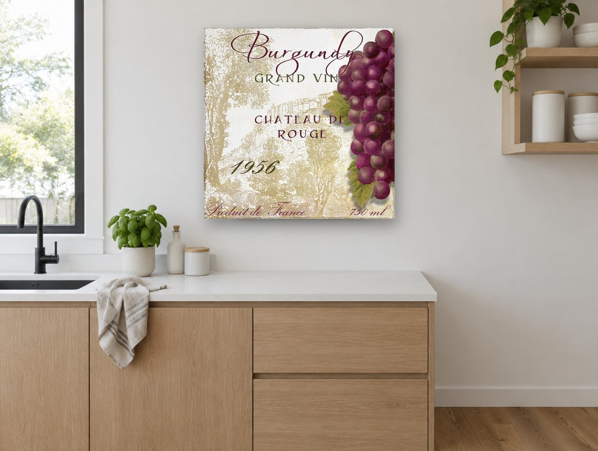 Burgundy Grand Vin kitchen canvas print on the wall of a kitchen