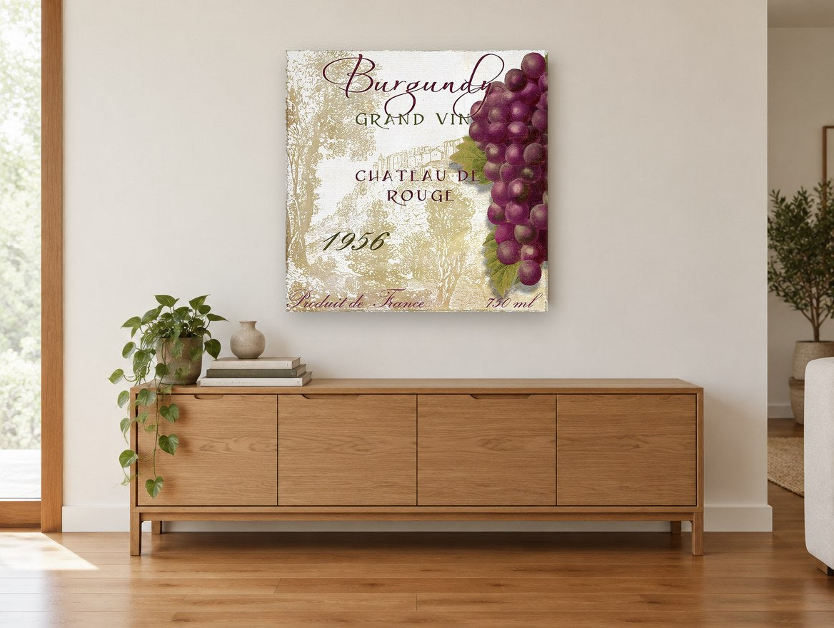 Burgundy Grand Vin kitchen canvas print on the wall of a living room above a sideboard