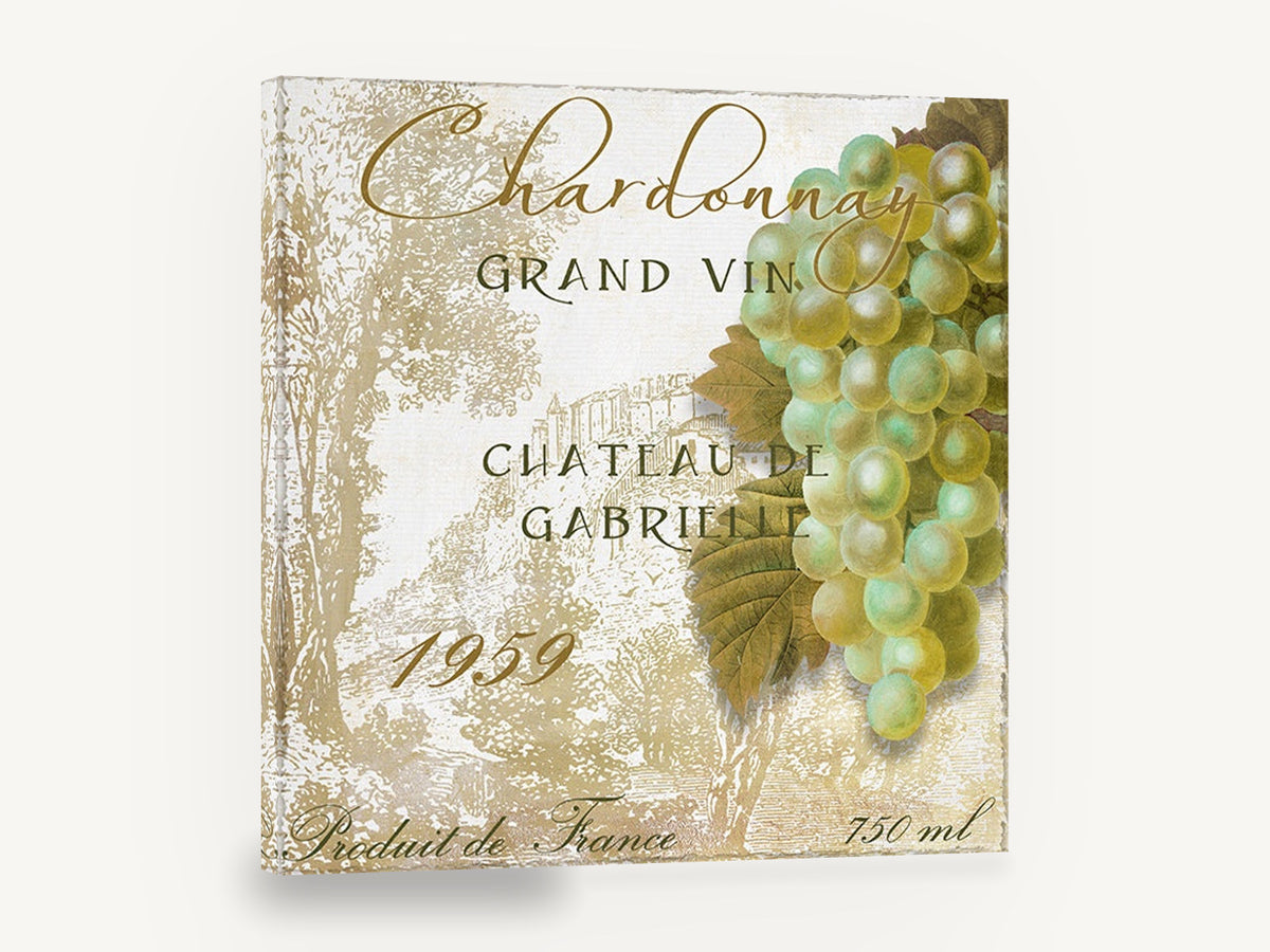 Chardonnay Grand Vin, chardonnay grapes vintage wine label, kitchen canvas wall art print ready to hang