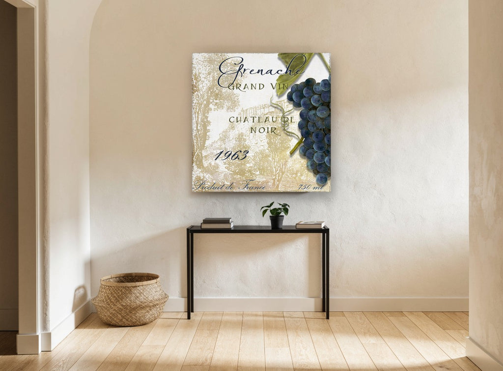 Grenache Vineyard Label kitchen canvas print on the wall of a hallway