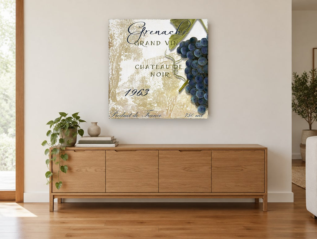 Grenache Vineyard Label kitchen canvas print on the wall of a living room above a sideboard