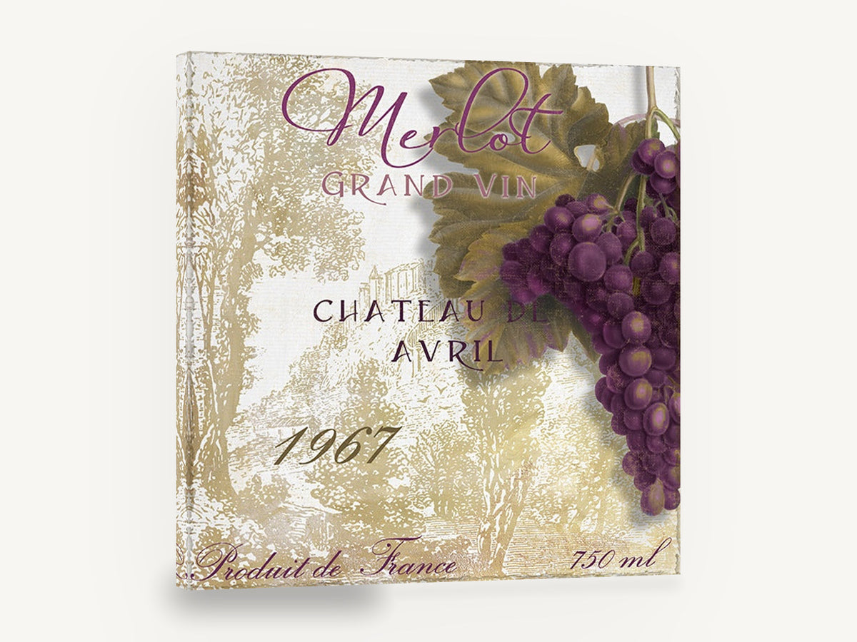 Merlot Grand Vin, merlot wine label grapes vintage, kitchen canvas wall art print ready to hang