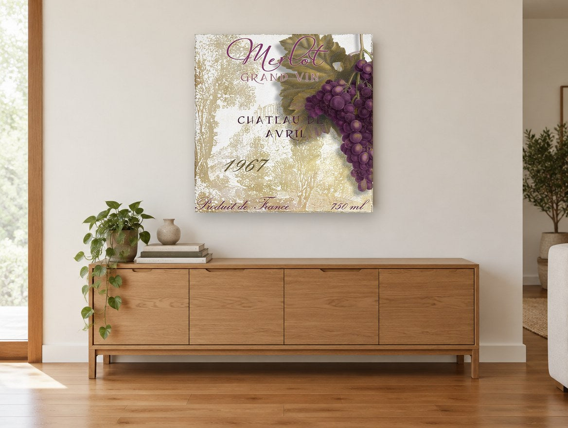 Merlot Grand Vin kitchen canvas print on the wall of a living room above a sideboard
