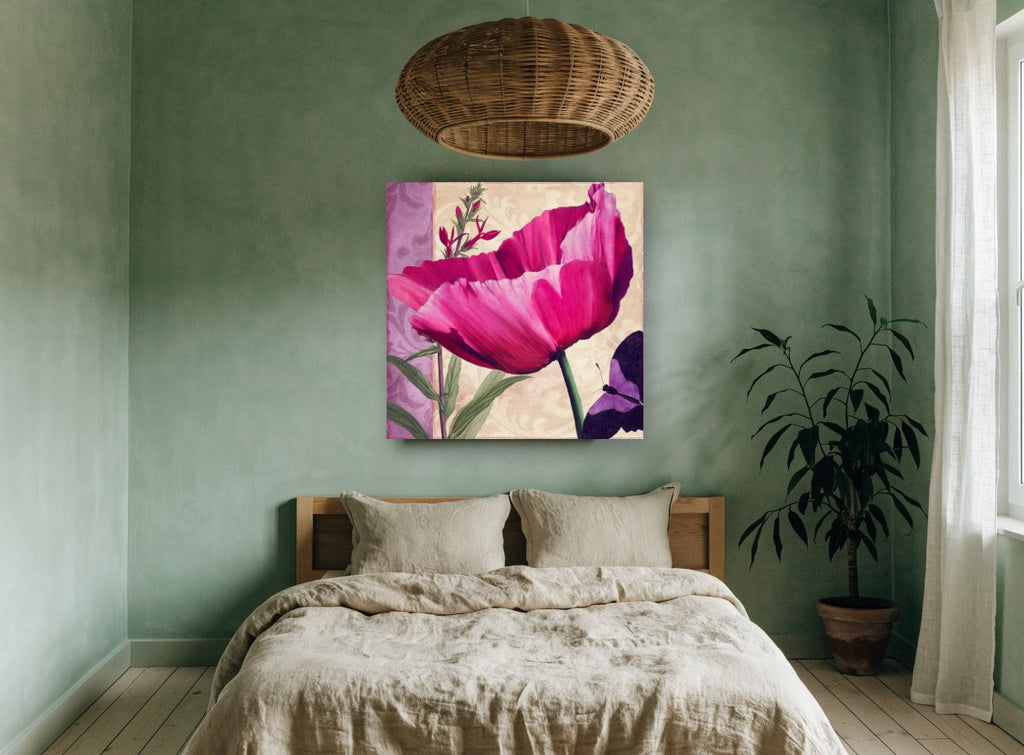 Magenta Poppy and Butterfly floral canvas print on the wall of a bedroom