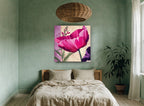 Magenta Poppy and Butterfly floral canvas print on the wall of a bedroom
