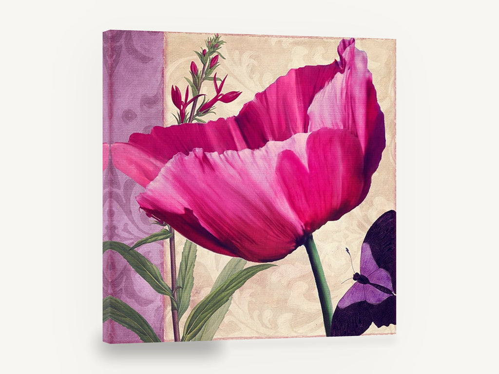 Magenta Poppy and Butterfly, pink poppy butterfly botanical, floral canvas wall art print ready to hang