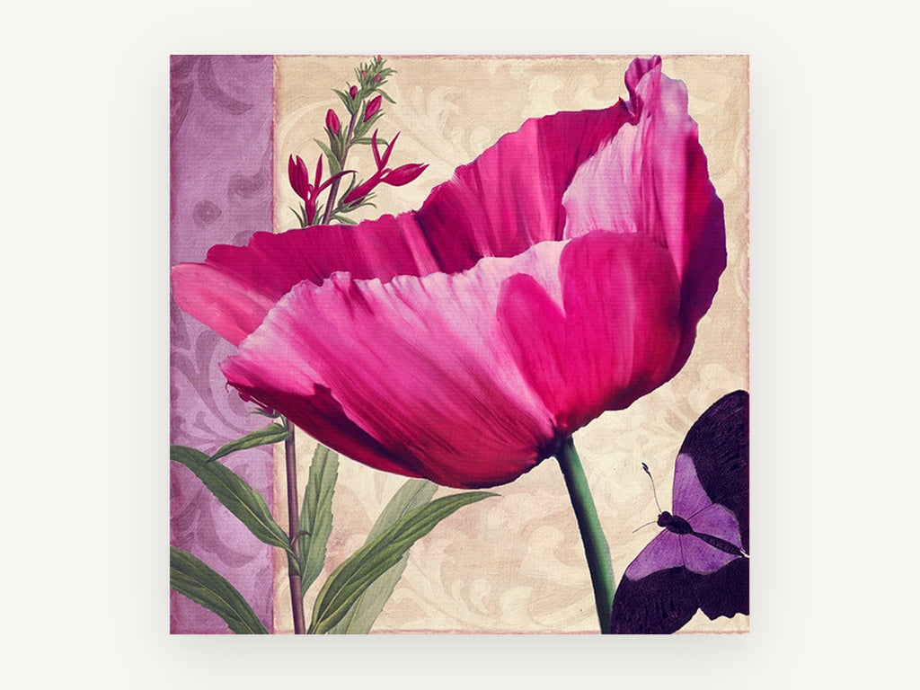 Magenta Poppy and Butterfly, floral canvas wall art print, front view