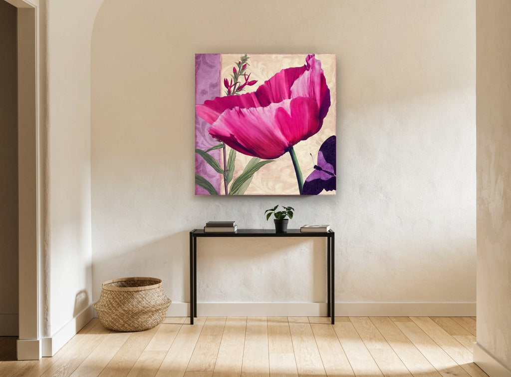 Magenta Poppy and Butterfly floral canvas print on the wall of a hallway
