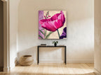 Magenta Poppy and Butterfly floral canvas print on the wall of a hallway