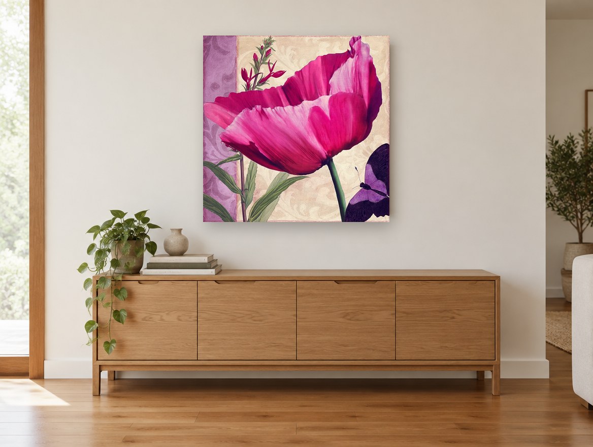 Magenta Poppy and Butterfly floral canvas print on the wall of a living room above a sideboard