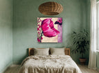 Magenta Poppy and Butterfly floral canvas print on the wall of a bedroom