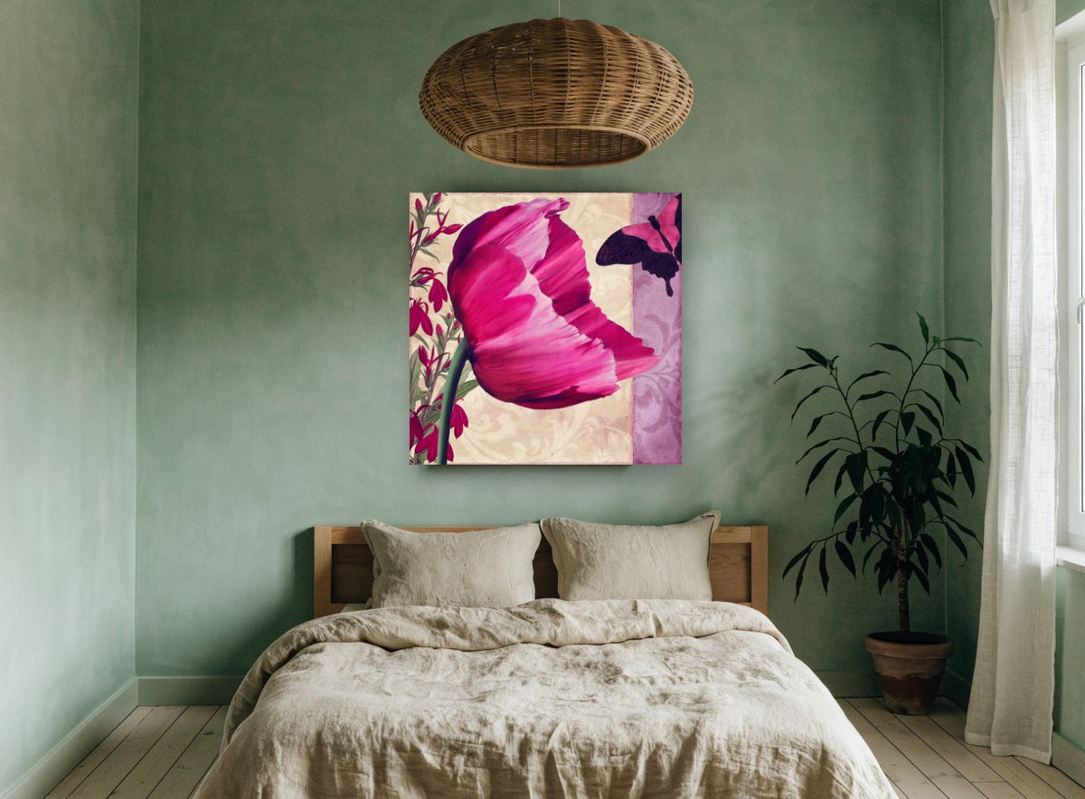 Magenta Poppy and Butterfly floral canvas print on the wall of a bedroom