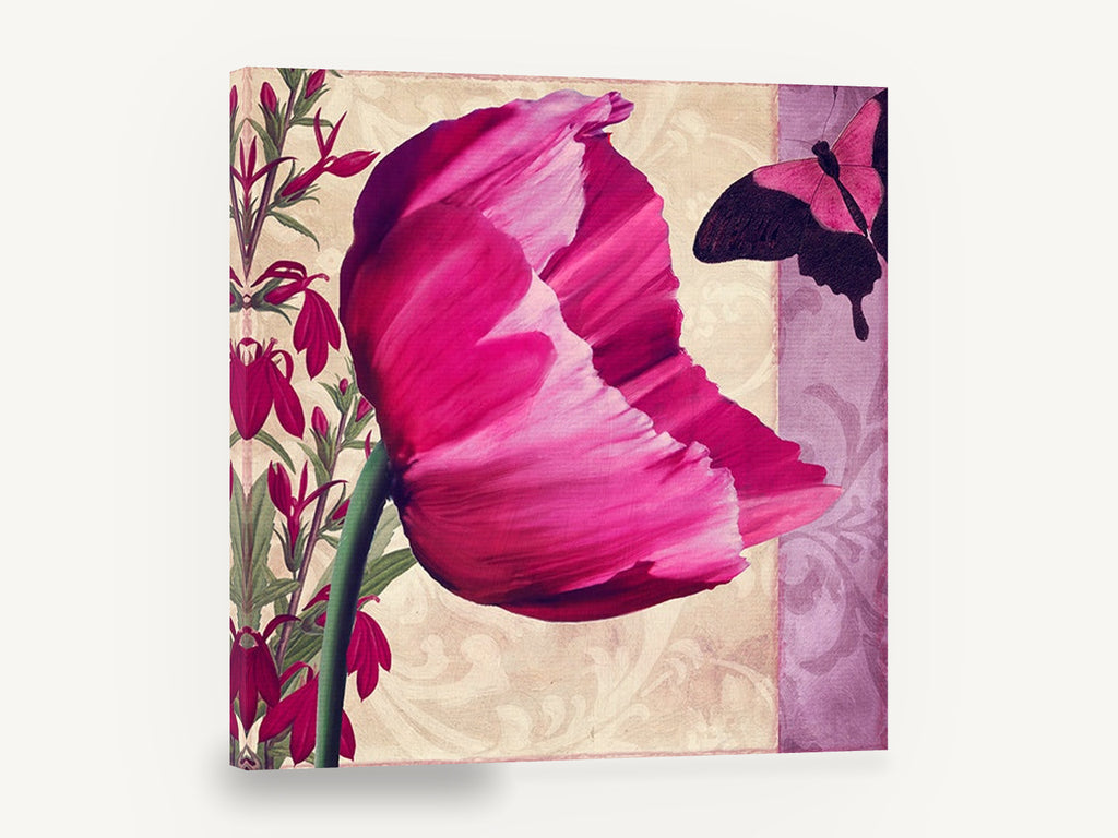 Magenta Poppy and Butterfly, pink poppy butterfly damask floral, floral canvas wall art print ready to hang