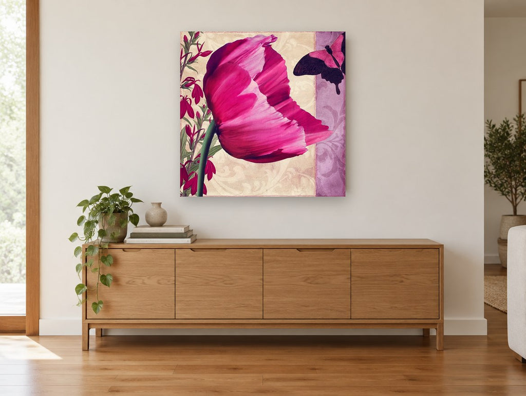 Magenta Poppy and Butterfly floral canvas print on the wall of a living room above a sideboard