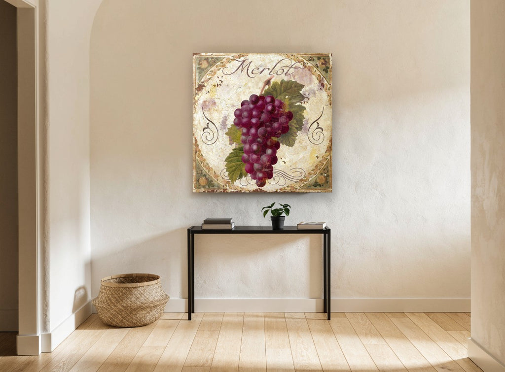 Merlot Grape Cluster kitchen canvas print on the wall of a hallway