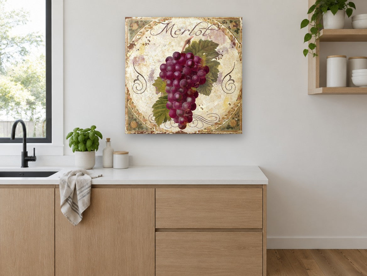 Merlot Grape Cluster kitchen canvas print on the wall of a kitchen