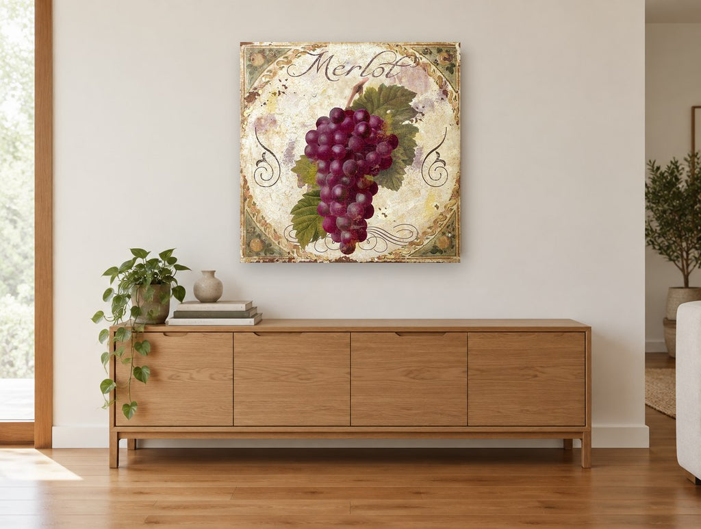 Merlot Grape Cluster kitchen canvas print on the wall of a living room above a sideboard