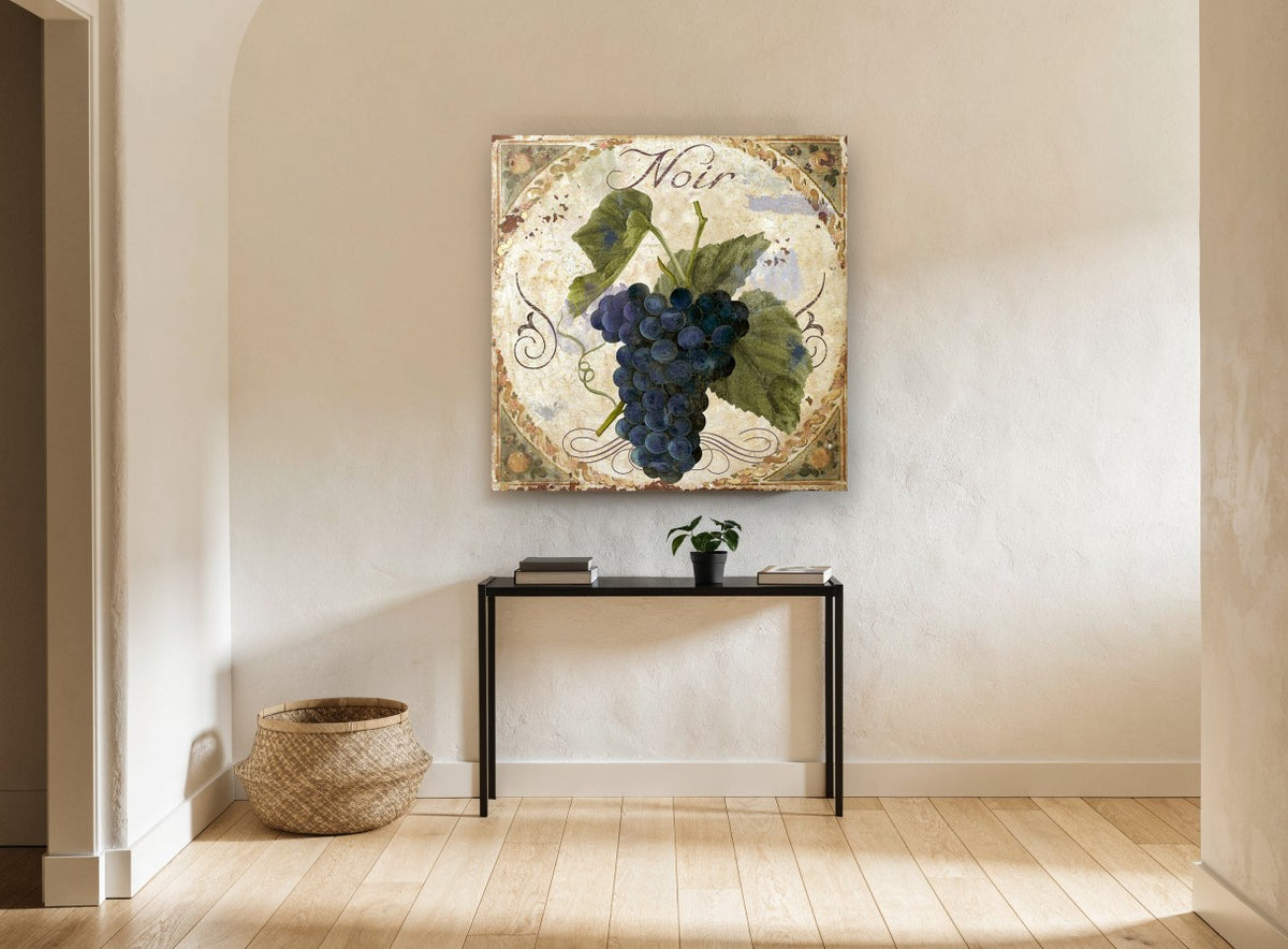 Noir Grape Cluster kitchen canvas print on the wall of a hallway