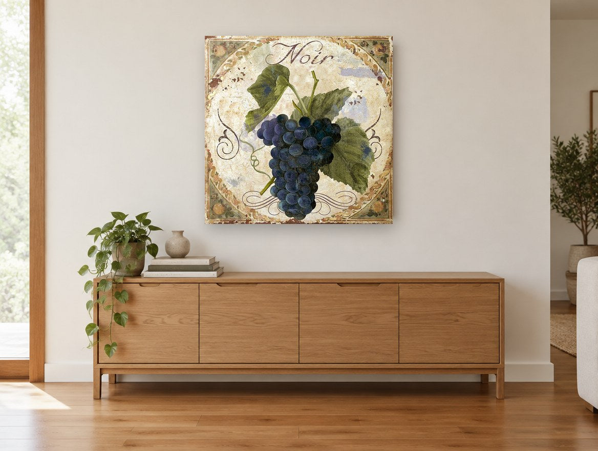 Noir Grape Cluster kitchen canvas print on the wall of a living room above a sideboard