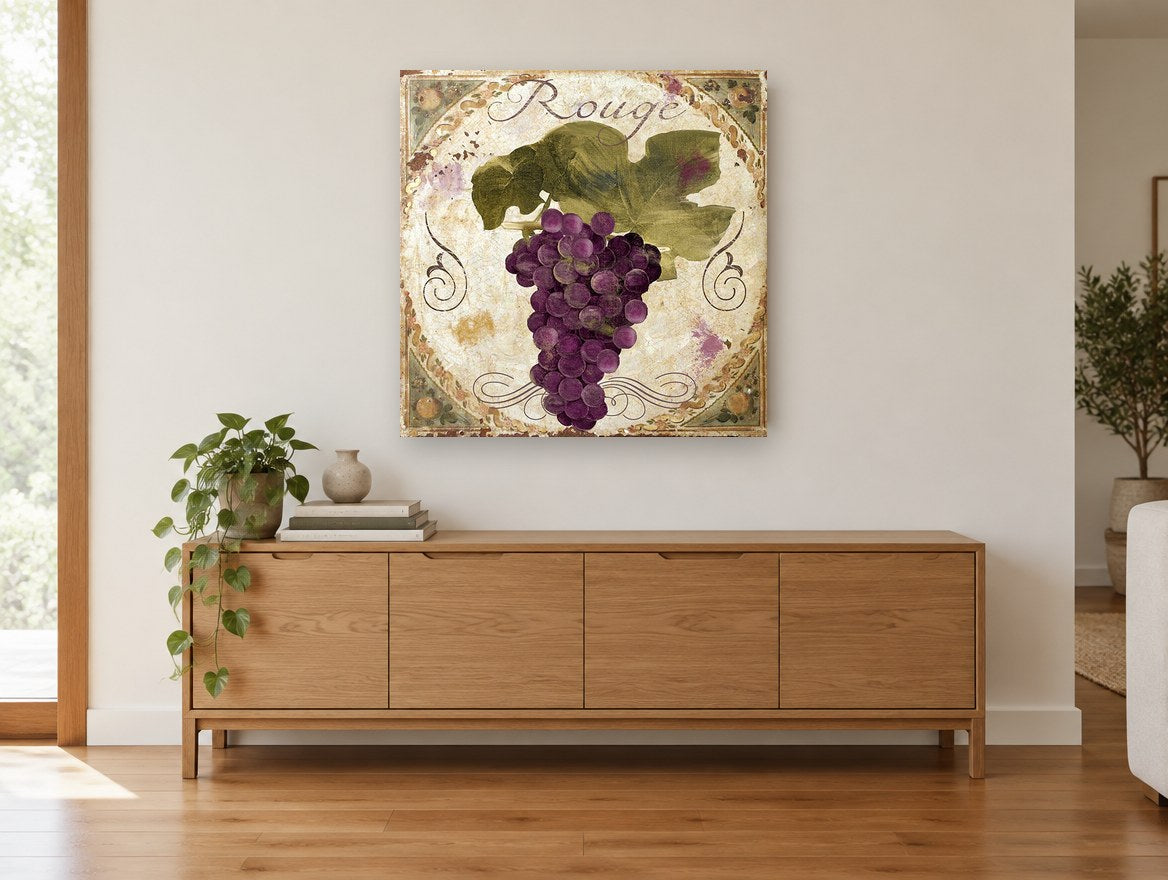 Rouge Grape Cluster kitchen canvas print on the wall of a living room above a sideboard