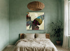 Patchwork Butterfly Wing floral canvas print on the wall of a bedroom