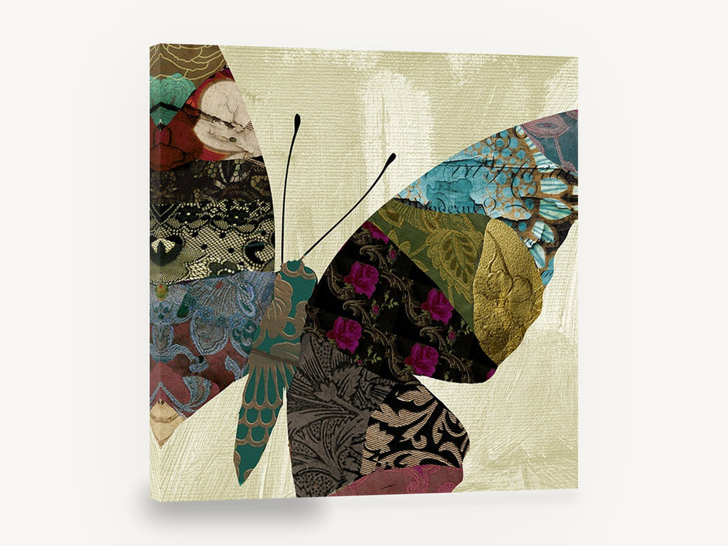Patchwork Butterfly Wing, patchwork butterfly brocade collage, floral canvas wall art print ready to hang