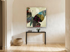 Patchwork Butterfly Wing floral canvas print on the wall of a hallway