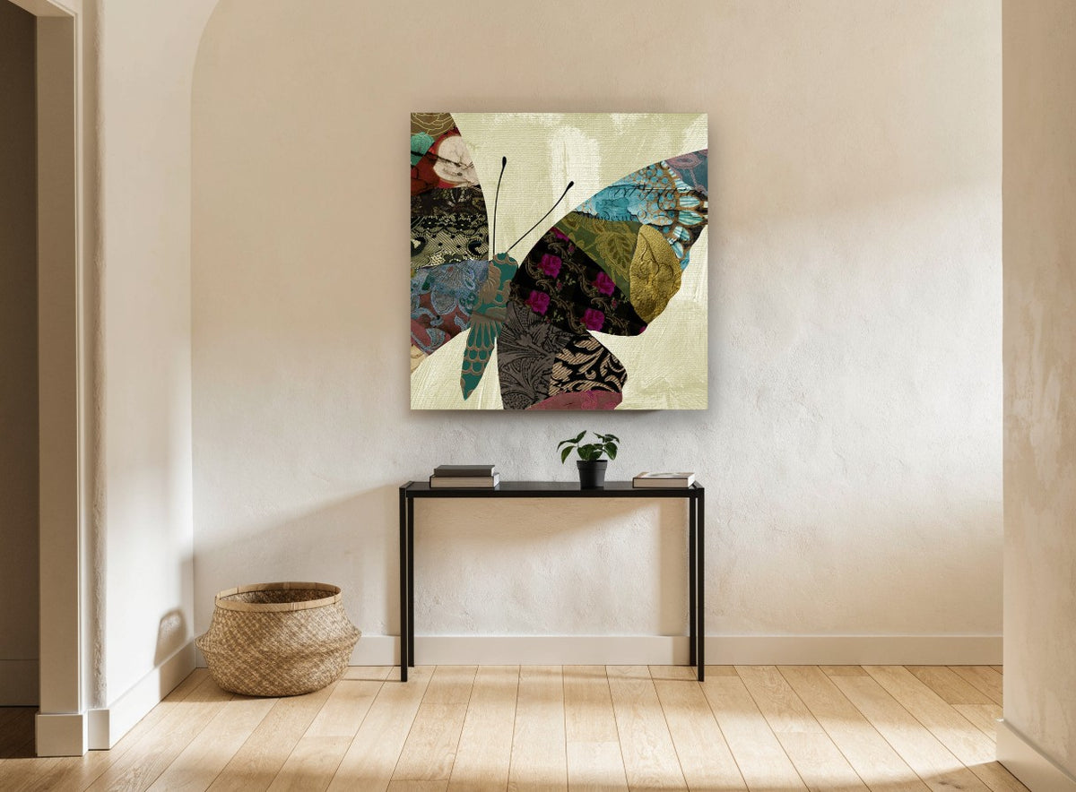 Patchwork Butterfly Wing floral canvas print on the wall of a hallway