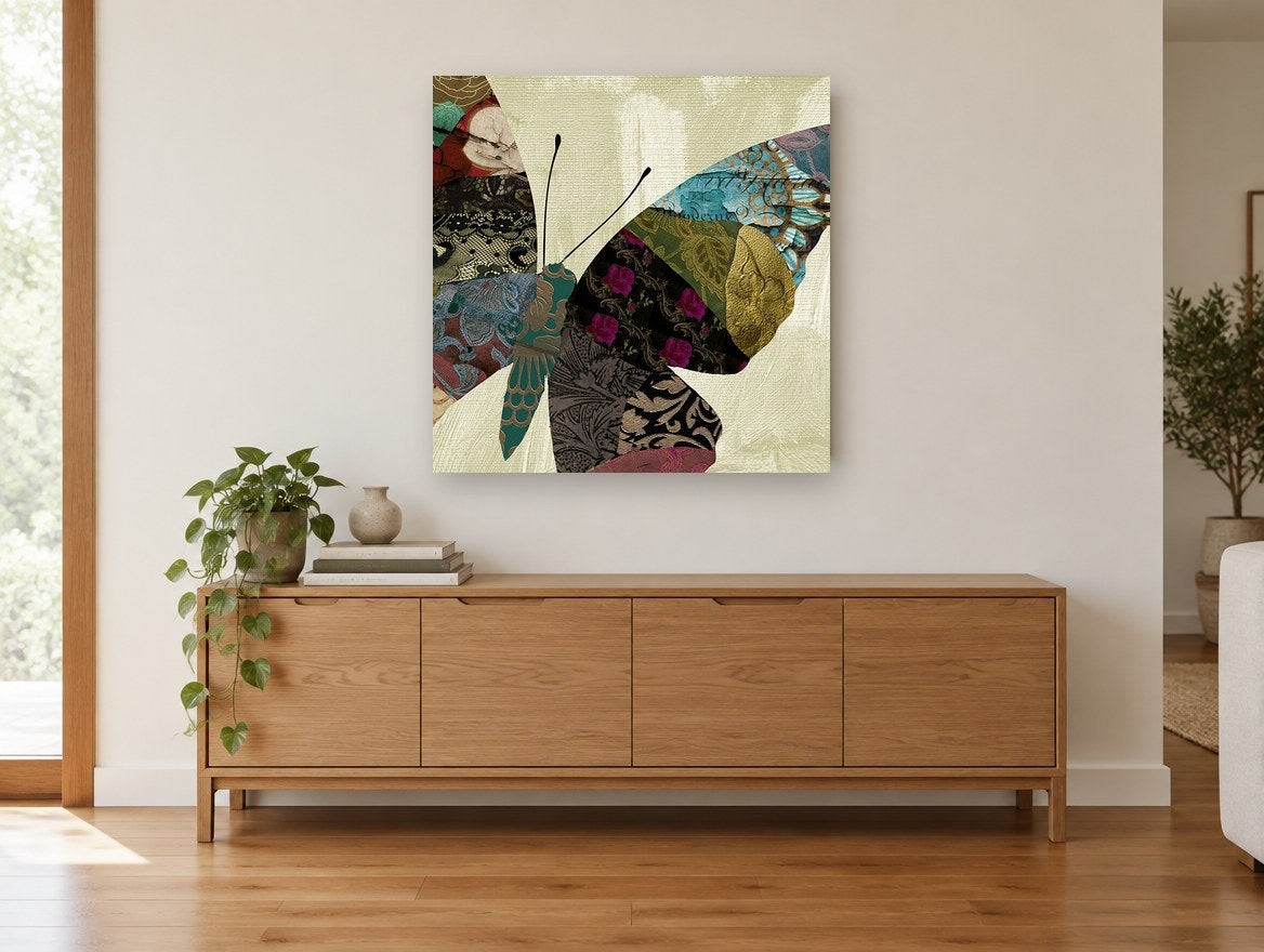Patchwork Butterfly Wing floral canvas print on the wall of a living room above a sideboard
