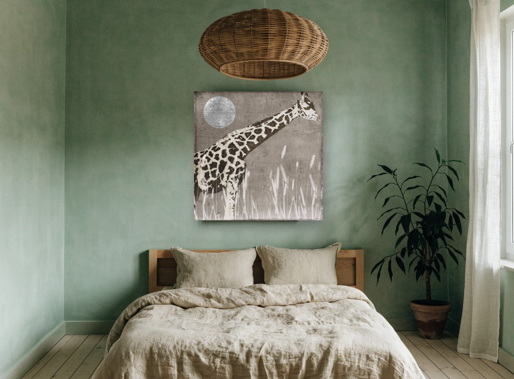 Giraffe Under Silver Moon animal canvas print on the wall of a bedroom