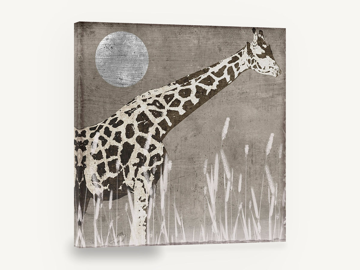 Giraffe Under Silver Moon, giraffe and moon illustration, animal canvas wall art print ready to hang