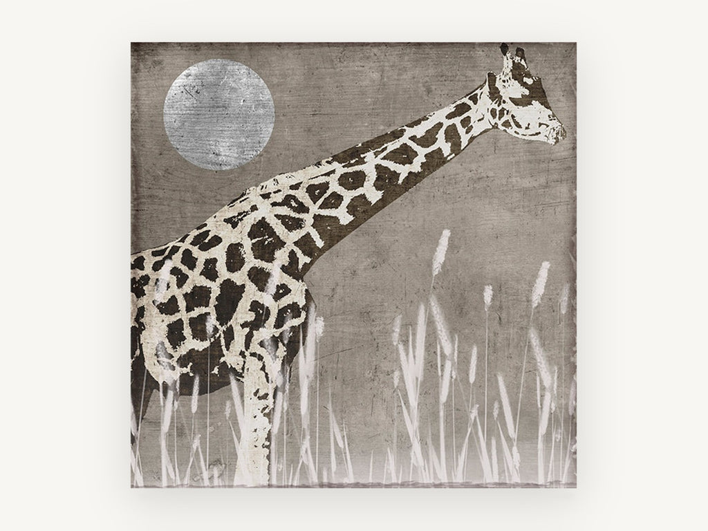 Giraffe Under Silver Moon, giraffe and moon illustration, animal canvas wall art print, front view