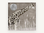 Giraffe Under Silver Moon, giraffe and moon illustration, animal canvas wall art print, front view
