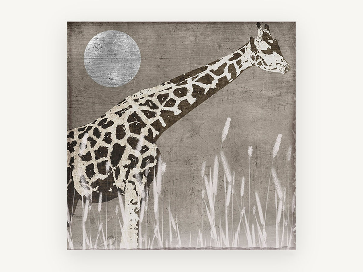 Giraffe Under Silver Moon, giraffe and moon illustration, animal canvas wall art print, front view