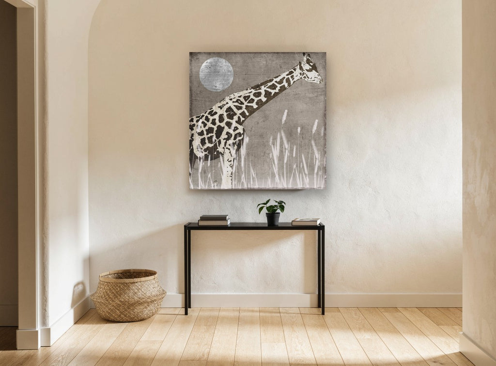 Giraffe Under Silver Moon animal canvas print on the wall of a hallway