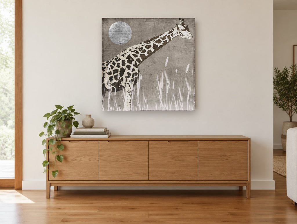 Giraffe Under Silver Moon animal canvas print on the wall of a living room above a sideboard
