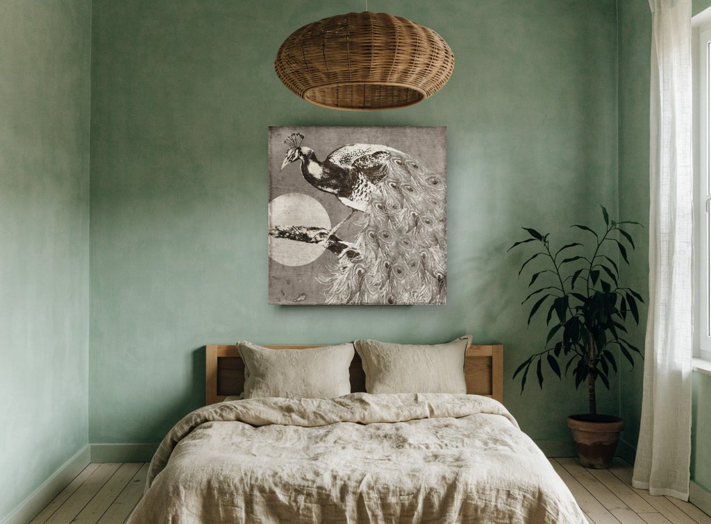 Moonlit Peacock Perch animal canvas print on the wall of a bedroom