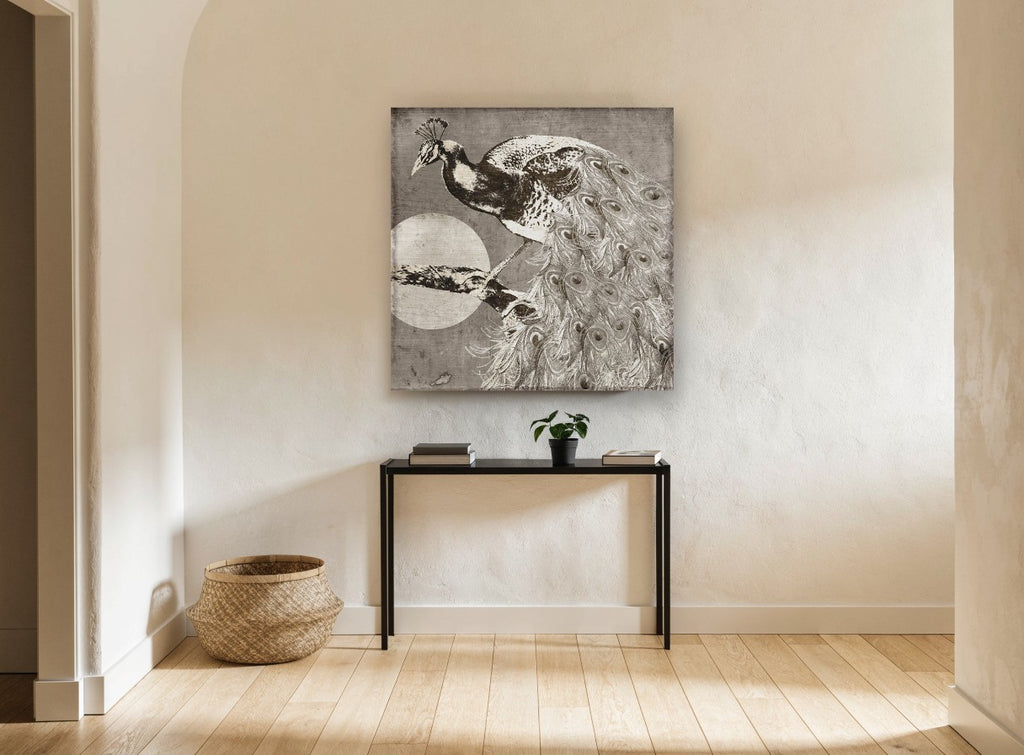 Moonlit Peacock Perch animal canvas print on the wall of a hallway