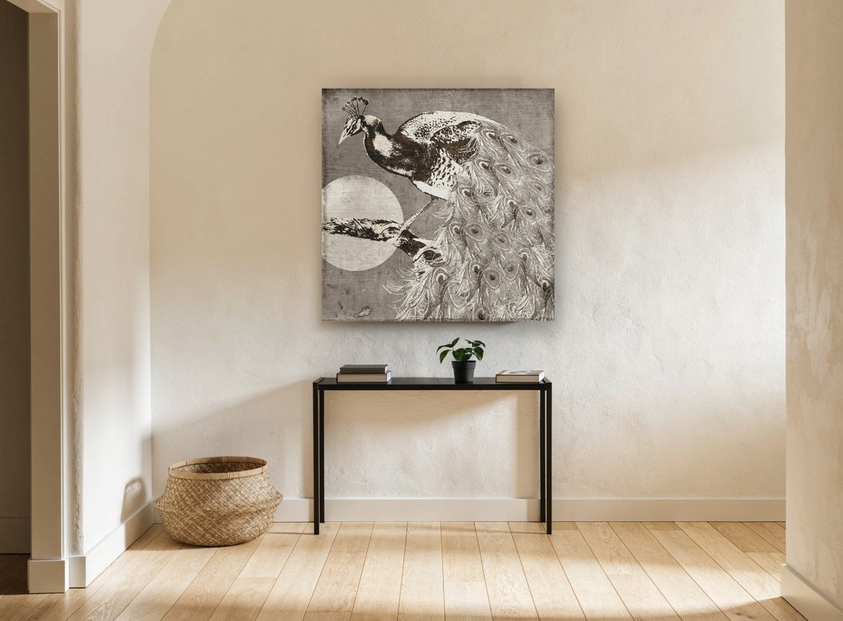 Moonlit Peacock Perch animal canvas print on the wall of a hallway