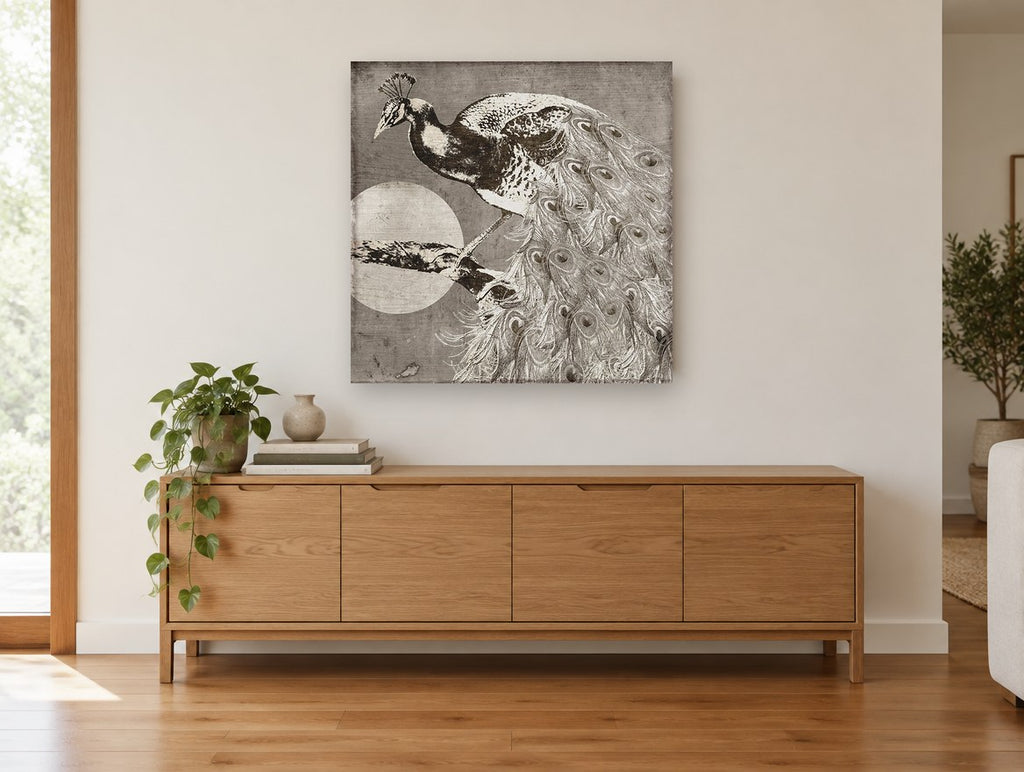 Moonlit Peacock Perch animal canvas print on the wall of a living room above a sideboard