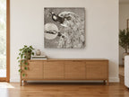 Moonlit Peacock Perch animal canvas print on the wall of a living room above a sideboard