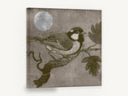 Titmouse Under Silver Moon, vintage bird engraving illustration, animal canvas wall art print ready to hang