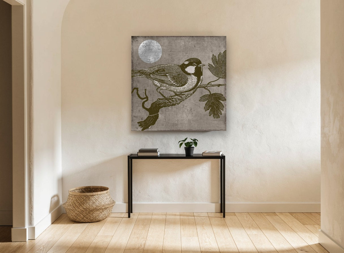 Titmouse Under Silver Moon animal canvas print on the wall of a hallway